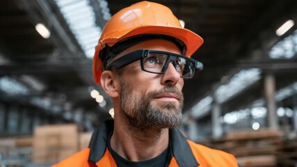 Construction worker with orange safety helmet and smart glasses in industrial warehouse environment, focused man with beard showing dedication and professionalism in safety gear - Powered by Adobe