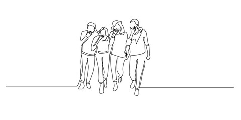 Continuous line drawing of a group of people laughing and teasing together.
One line drawing showing four friends sharing jokes and laughter in a playful moment.