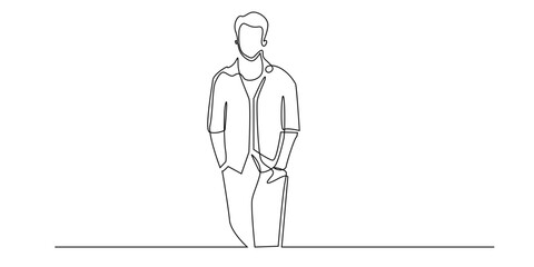 Continuous line drawing of a man standing casually with hands in pockets. Minimalist one line art representing confidence, simplicity, and modern lifestyle. © bakullogo
