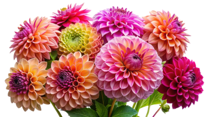 A vibrant bouquet of dahlia flowers in various colors including pink, orange, yellow, and magenta, isolated on a transparent background, showcasing their intricate petal structures and natural beauty