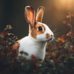 Obraz premium Portrait of a Dutch Rabbit in Autumnal Setting; Close-up of Cute Pet in Natural Habitat; Focused Gaze