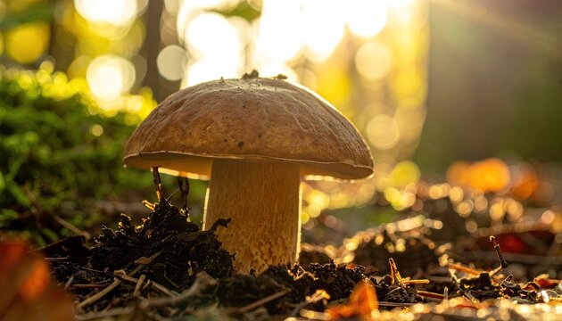 A single brown mushroom grows in dark soil illuminated by warm golden sunlight filtering through autumn leaves in a forest setting
