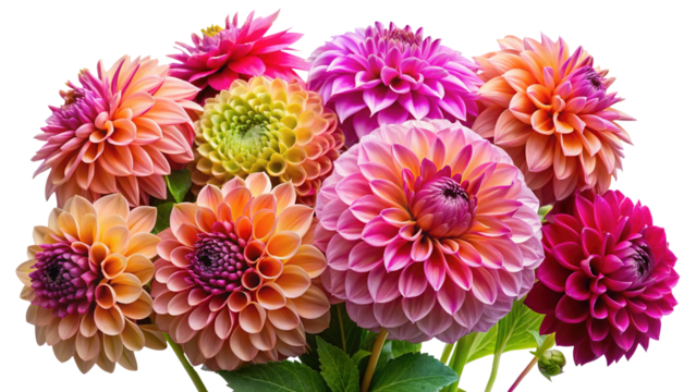 A vibrant bouquet of dahlia flowers in various colors including pink, orange, yellow, and magenta, isolated on a transparent background, showcasing their intricate petal structures and natural beauty