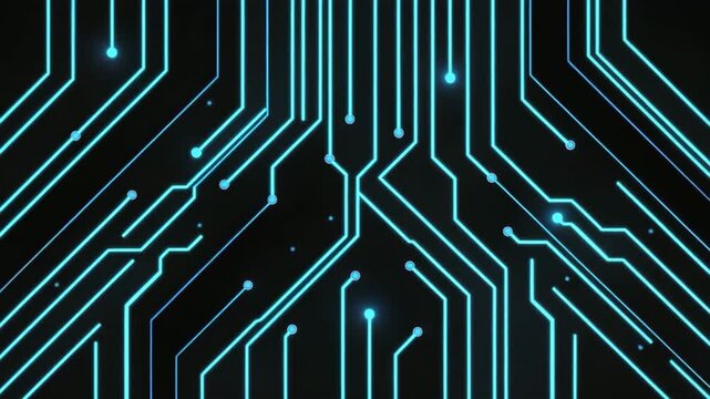 Glowing blue circuit board lines and neon glowing lines black background create futuristic electronic technology pattern with bright light points, sharp geometric shapes, and vibrant digital design - Powered by Adobe