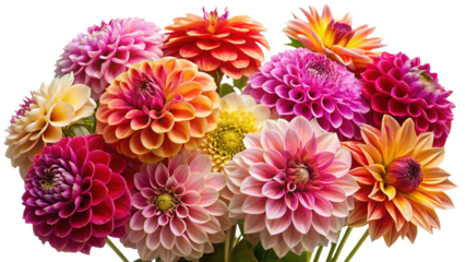 Vibrant and diverse collection of colorful dahlia flowers, showcasing a rich spectrum of pink, red, orange, yellow, and purple hues, perfect for themes of nature, celebration, and floral beauty on a c
