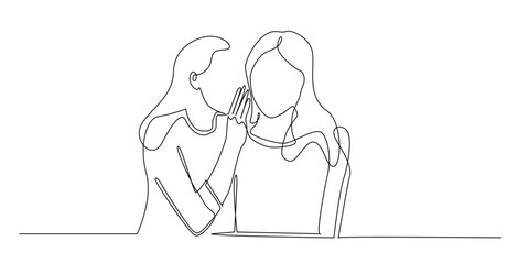 Continuous line drawing of two women whispering a secret.
One line drawing of a friend sharing a secret with another woman.single line vector illustration