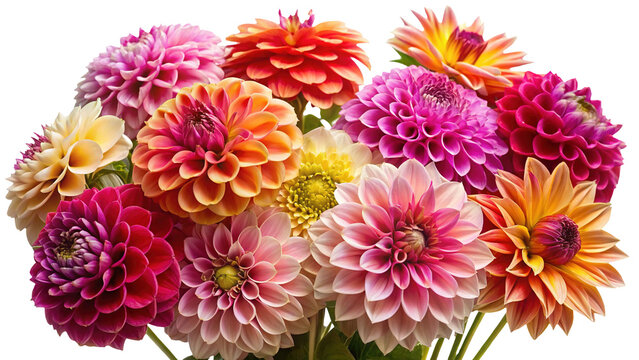 Vibrant and diverse collection of colorful dahlia flowers, showcasing a rich spectrum of pink, red, orange, yellow, and purple hues, perfect for themes of nature, celebration, and floral beauty on a c