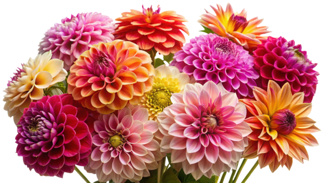 Vibrant and diverse collection of colorful dahlia flowers, showcasing a rich spectrum of pink, red, orange, yellow, and purple hues, perfect for themes of nature, celebration, and floral beauty on a c