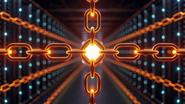 Blockchain for business operations. Abstract view of interlinked chains converging towards a central point of light.