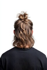 Naklejka premium Stylish Hairdo with Long Wavy Hair and Top Knot from Rear View