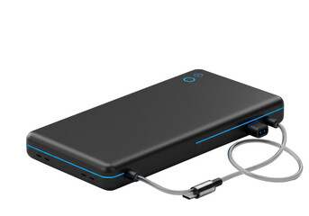 Cutting-edge conceptual AI core device, sleek matte black finish, glowing blue accent, transparent coiled charging cable on transparent background, diffused studio light. Concept for high-tech product