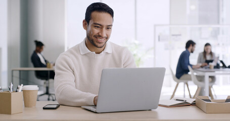 Laptop, smile and business man in office for project, reading report or editing story online....