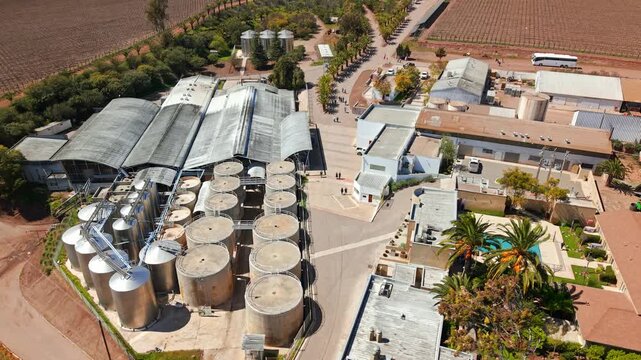 Drone Fly Over Rural Pisco Factory Tanks, Chilean Beverage Industry in Hacienda Huamalata