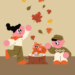 Joyful Autumn Scene with Children and Forest Friend. friendly children's friends. a cute squirrel.