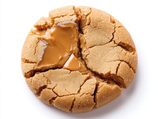 Close-up of a peanut butter filled cookie on white background; food photography of a sweet treat, studio shot, high angle view of a cracked cookie