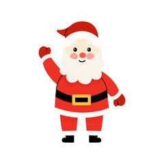Cute Santa Claus with waving hand. Festive Christmas character in red suit, perfect for holiday cards, stickers, posters, wrapping paper, planners and winter designs. Flat vector illustration.
