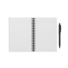 Open spiral-bound notebook, blank pages, black binding, minimalist black rollerball pen transparent background, high-key lit, top-down, concept of professional order