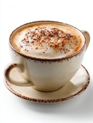 Close-up of cappuccino with chocolate sprinkles in rustic cup on saucer against white background studio shot