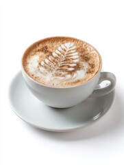 Cappuccino with Latte Art in White Cup on Saucer Overhead Shot Isolated on White Background Studio Lighting
