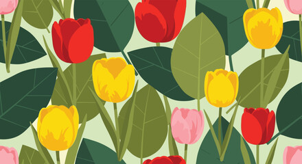 A seamless pattern of red, yellow, and pink tulips with large green leaves on a light background.