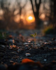 Sprout emerging from soil at sunset low angle view symbolizing growth hope new beginnings and resilience in nature