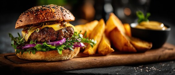 Gourmet Burger Meal Close Up Still Life on Wooden Board with Potato Wedges and Mustard Dip Dark Background