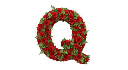 Letter Q Made of Red Roses and Green Leaves on Transparent Background