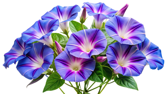A vibrant cluster of blue and purple morning glory flowers, isolated on a transparent background, showcasing their trumpetshaped blooms and green leaves