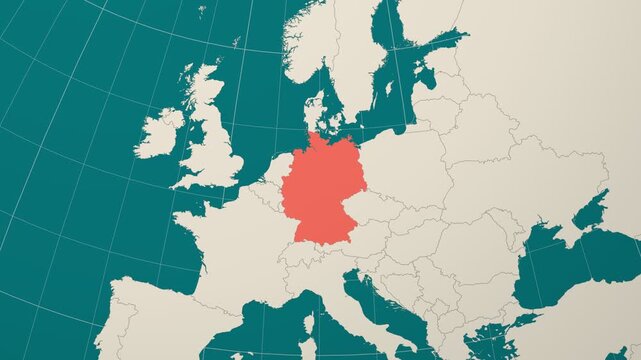 Germany map. Animated zoom into the country on the Globe in Teal Pale Mint color palette. Country logo animation. Map with meridians, parallels. Creative video.