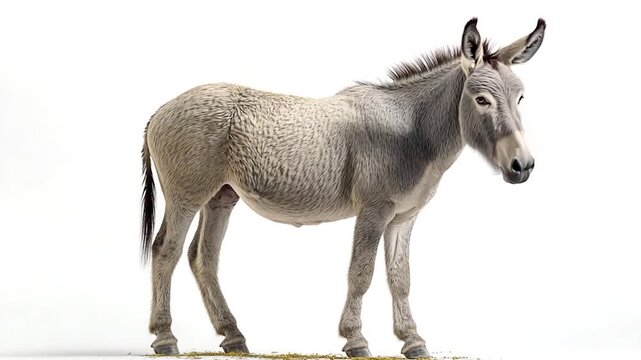 A donkey standing on top of a pile of hay