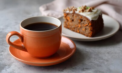 A cup of coffee in orange ceramic cup next to a plate with slice of carrot cake