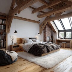 Cozy bedroom interior design with wooden beams and brick fireplace in attic apartment daytime view