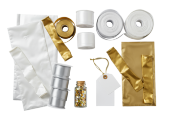 Overhead view of white, silver, and gold metallic balloons, silk ribbons, confetti jar, and gift tag, precisely arranged on transparent, refined celebration concept