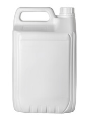 White plastic jerry can for liquid chemicals on transparent background