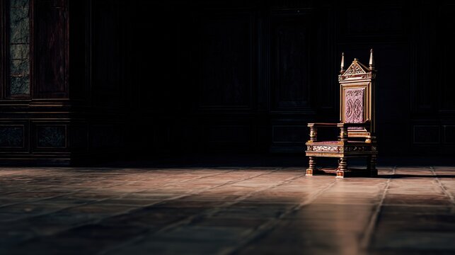 throne. Empty ornate throne in grand hall with soft side lighting and shallow depth of field. real-estate listings.