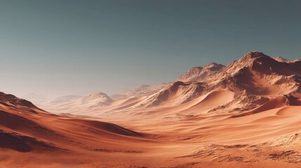 Naklejka premium Vast Desert Landscape with Rolling Sand Dunes and Mountain View
