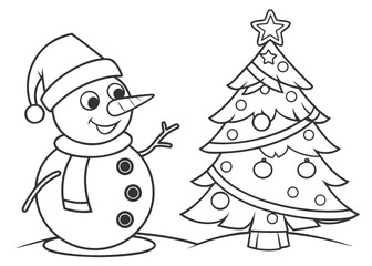 Kids Coloring Page &ndash; Cute Snowman and Christmas Tree