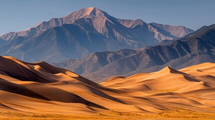 Fototapeta premium Majestic Sand Dunes with Mountain Range in Dramatic Sunset Lighting