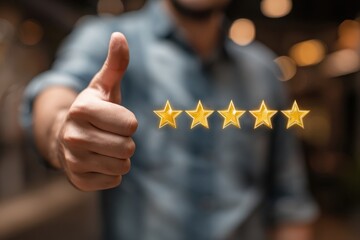 Exceptional Client Satisfaction Thumb Up Five Star Rating: Business Person Signalling Excellent Quality Review and Positive Feedback for Superior Service and Product Experience
