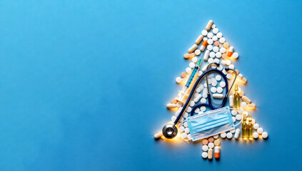 Medicine Christmas tree in the form of pills, syringe, phonendoscope, ampoules and medical mask on a blue background. Text space. Medicine celebration background
