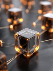 Abstract network of glowing glass cubes connected by thin lines representing data flow and digital connection in a modern style