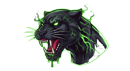 Fierce black panther with glowing green eyes and electric energy, an aggressive predator ready to strike with primal power and untamed spirit