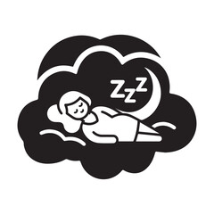 Minimalist Black and White Icon of Woman Sleeping Peacefully on Cloud.