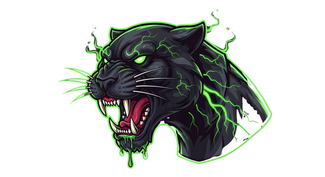 Fierce black panther with glowing green eyes and electric energy, an aggressive predator ready to strike with primal power and untamed spirit