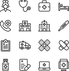 Medical healthcare icons set featuring nurse stethoscope hospital ambulance and more simple line art vector