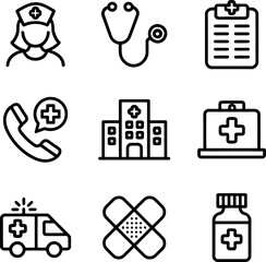 Collection of healthcare and medical icons featuring nurse hospital ambulance and more vector
