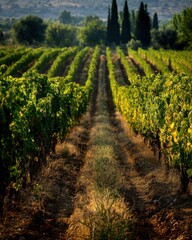 Vineyard rows stretching to distant trees in natural light agricultural landscape scenic view from ground level