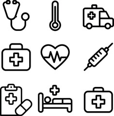 Set of medical icons representing healthcare services and equipment for digital platforms vector