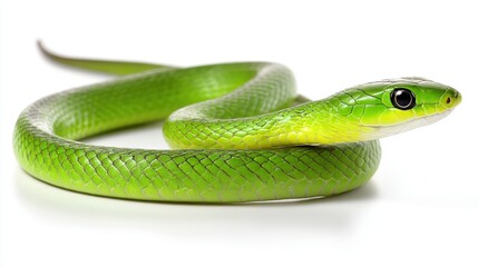 Obraz premium Bright Green Snake Coiled on White Background Close Up Studio Shot Exotic Reptile Wild Animal Nature Wildlife