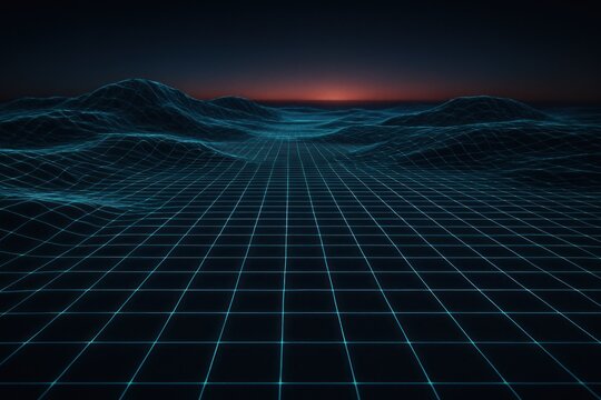 Synthwave landscape Cyan grid over rolling hills, dusk sky, orange glow horizon